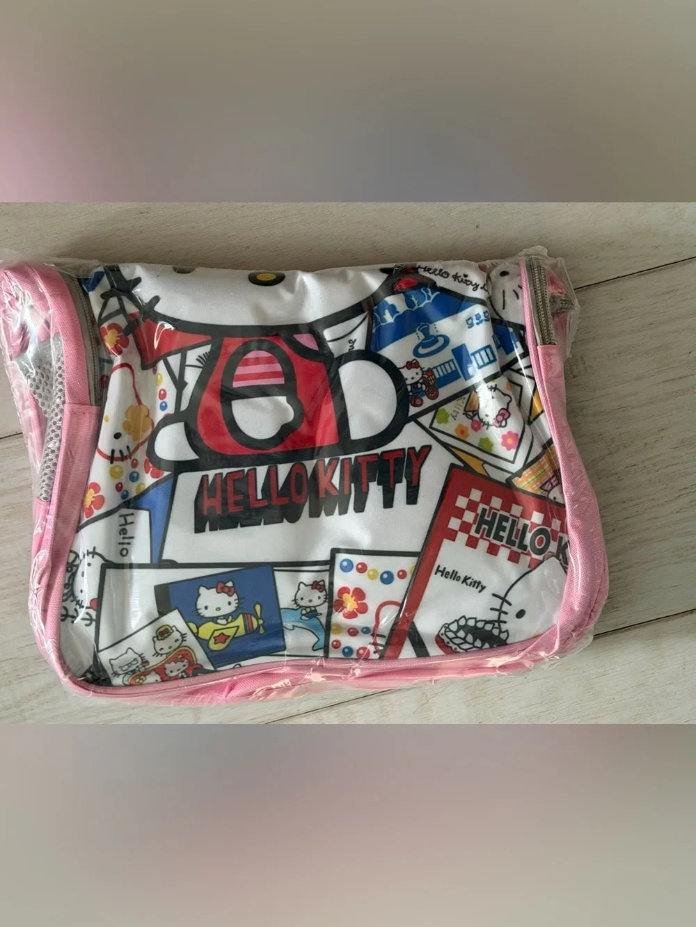 NEDISP Hello Kitty White Comic Collage Kids BOOKSACK with Pink/Gray Trim